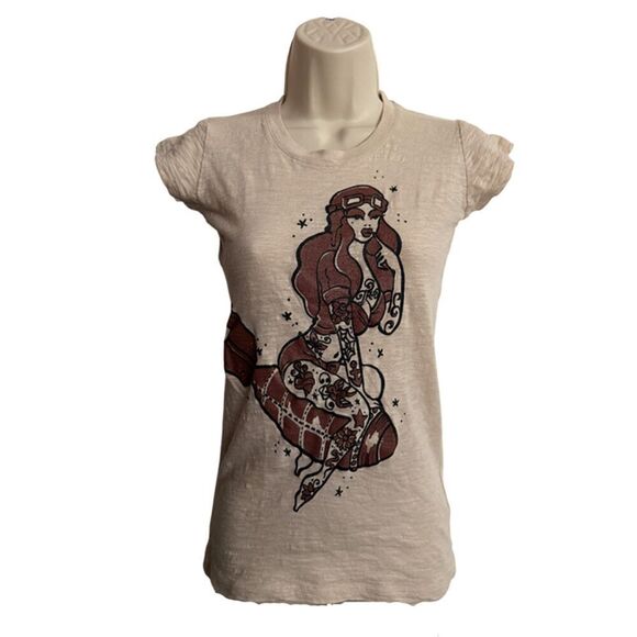 Aviator Tattoo Pin Up Girl Graphic Beige Tee Shirt Size S - Picture 2 of 8